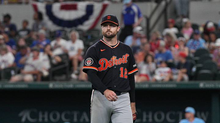 Jul 5, 2026; Arlington, Texas, USA;  Detroit Tigers pitcher Casey Mize (12) leaves the game in the seventh inning against the Texas Rangers at Globe Life Field. Mandatory Credit: Raymond Carlin III-Imagn Images