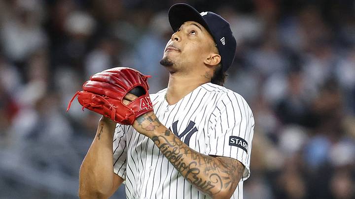 New York Yankees relief pitcher Yovanny Cruz (96) reacts after getting taken out of the game in the sixth inning against the Toronto Blue Jays at Yankee Stadium. New York Yankees relief pitcher Yovanny Cruz (96) reacts after getting taken out of the game in the sixth inning against the Toronto Blue Jays at Yankee Stadium.