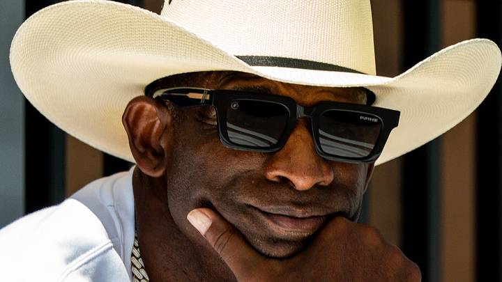 Deion Sanders takes in the second day of Cleveland Browns training camp, July 30, 2026, in Berea, Ohio.