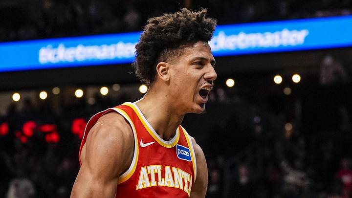 Atlanta Hawks forward Jalen Johnson (1) reacts after a basket against the Brooklyn Nets during the second half at State Farm Arena on February 22, 2026. Atlanta Hawks forward Jalen Johnson (1) reacts after a basket against the Brooklyn Nets during the second half at State Farm Arena on February 22, 2026.