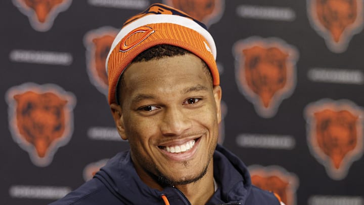 Jun 3, 2025; Lake Forest, IL, USA; Chicago Bears wide receiver DJ Moore (2) speaks during minicamp at Halas Hall. Mandatory Credit: Kamil Krzaczynski-Imagn Images