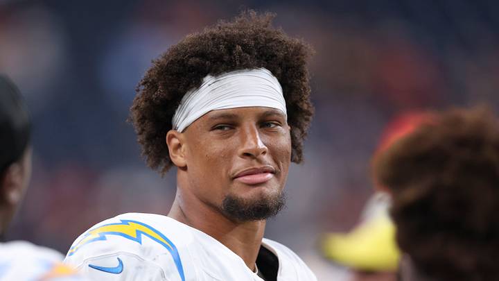 Aug 13, 2026; Houston, Texas, USA;  Los Angeles Chargers tight end Oronde Gadsden (86) on the sidelin during the game against the Houston Texans at Reliant Stadium. Mandatory Credit: Troy Taormina-Imagn Images