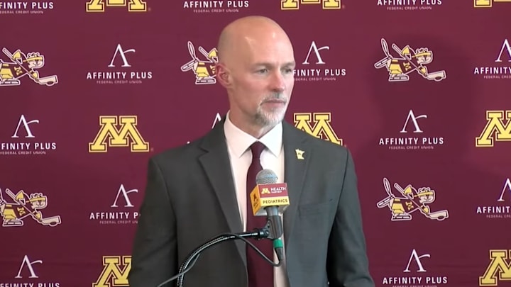 New Gophers head coach Brett Larson at his introductory press conference. New Gophers head coach Brett Larson at his introductory press conference.