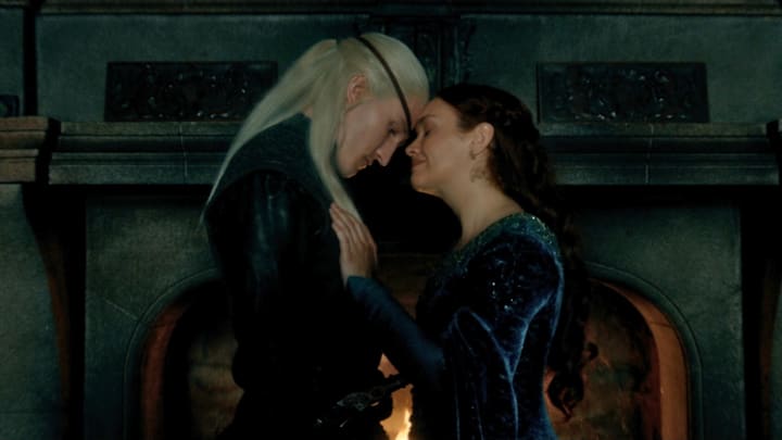 Aemond Targaryen (Ewan Mitchell) and Alicent Hightower (Olivia Cooke) in House of the Dragon season 3.