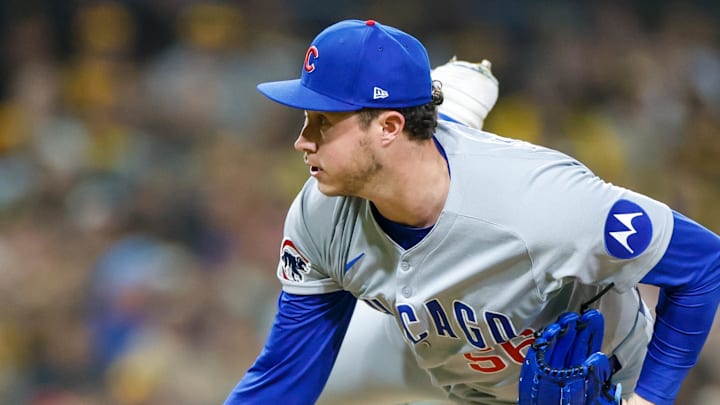 Apr 14, 2025; San Diego, California, USA; Chicago Cubs relief pitcher Nate Pearson (56) throws a pitch during the seventh inning against the San Diego Padres at Petco Park. Mandatory Credit: David Frerker-Imagn Images