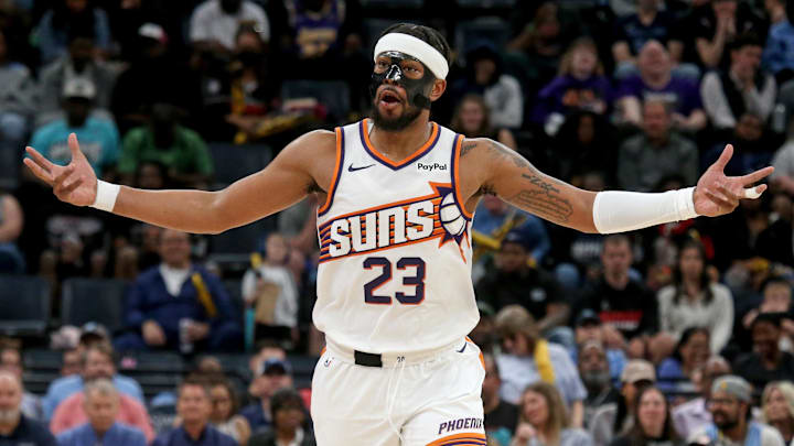 Mar 30, 2026; Memphis, Tennessee, USA; Phoenix Suns guard Jordan Goodwin (23) reacts during the fourth quarter against the Memphis Grizzlies at FedExForum. Mandatory Credit: Petre Thomas-Imagn Images