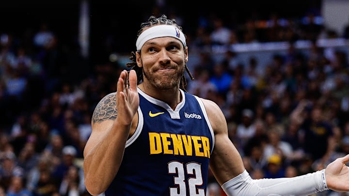 Apr 21, 2025; Denver, Colorado, USA; Denver Nuggets forward Aaron Gordon (32) reacts after a play in the third quarter against the Los Angeles Clippers during game two of first round for the 2025 NBA Playoffs at Ball Arena. Mandatory Credit: Isaiah J. Downing-Imagn Images Apr 21, 2025; Denver, Colorado, USA; Denver Nuggets forward Aaron Gordon (32) reacts after a play in the third quarter against the Los Angeles Clippers during game two of first round for the 2025 NBA Playoffs at Ball Arena. Mandatory Credit: Isaiah J. Downing-Imagn Images