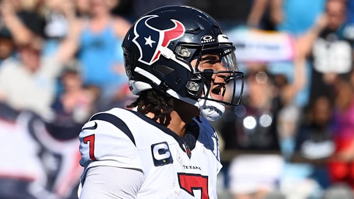 Oct 29, 2023; Charlotte, North Carolina, USA; Houston Texans quarterback C.J. Stroud (7) reacts after scoring a touchdown in the third quarter at Bank of America Stadium. Mandatory Credit: Bob Donnan-Imagn Images