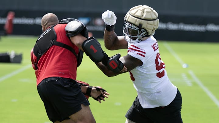 Jul 23, 2025; Santa Clara, CA, USA; San Francisco 49ers defensive end Mykel Williams (98) works on a blocking drill during the first day of training camp at SAP Performance Facility. Mandatory Credit: D. Ross Cameron-Imagn Images
