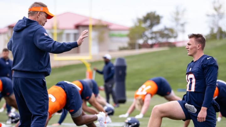 Denver Broncos head coach Sean Payton and quarterback Bo Nix at rookie minicamp. 