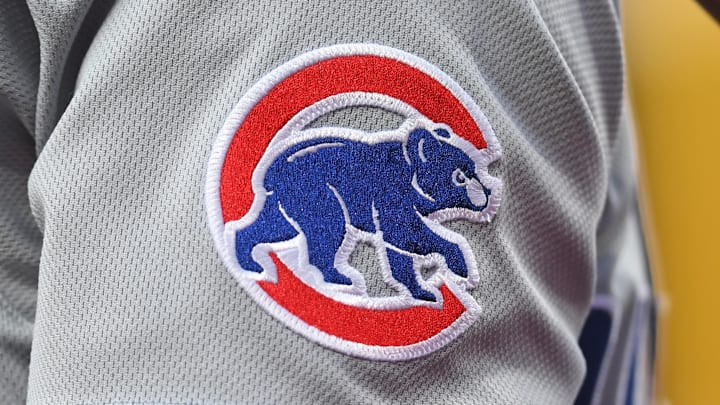 Jun 10, 2025; Philadelphia, Pennsylvania, USA; Chicago Cubs logo on the jersey of third base Matt Shaw (6) against the Philadelphia Phillies at Citizens Bank Park. Mandatory Credit: Eric Hartline-Imagn Images