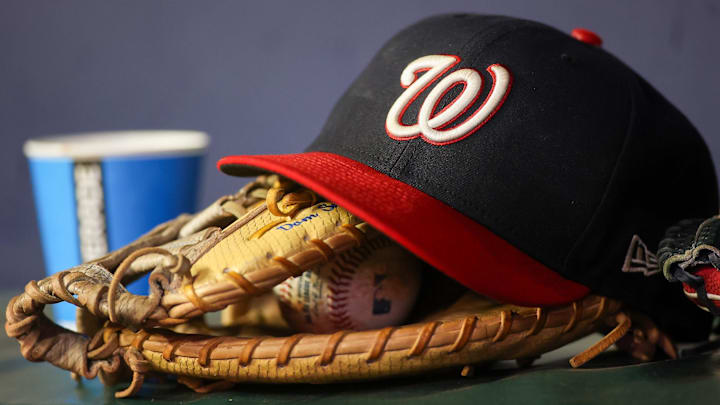 A detailed view of a Washington Nationals hat and glove