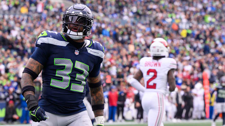 Oct 22, 2023; Seattle, Washington, USA; Seattle Seahawks safety Jamal Adams (33) celebrates after making a play against the Arizona Cardinals during the game at Lumen Field.