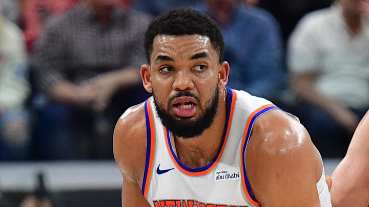 Mar 9, 2026; Inglewood, California, USA; New York Knicks center Karl-Anthony Towns (32) controls the ball against the Los Angeles Clippers during the second half at Intuit Dome. Mandatory Credit: Gary A. Vasquez-Imagn Images