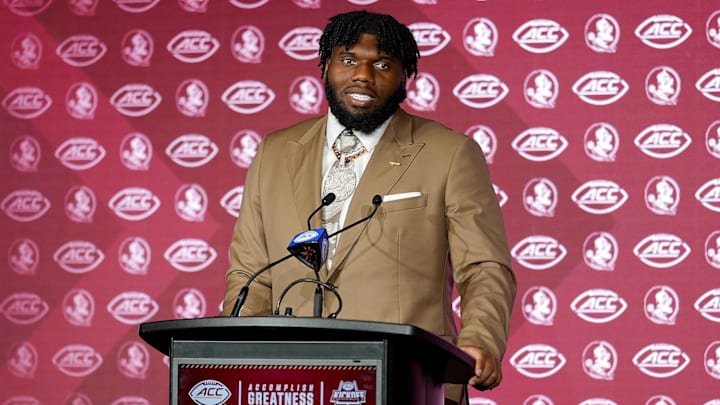 Jul 23, 2025; Charlotte, NC, USA; FSU defenseve lineman Darrell Jackson Jr.answers questions from the media during ACC Media days at Hilton Charlotte Uptown. Mandatory Credit: Jim Dedmon-Imagn Images
