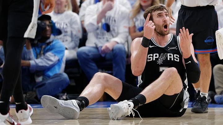 May 26, 2026; Oklahoma City, Oklahoma, USA; San Antonio Spurs center Luke Kornet (7) reacts after a play during the third quarter against the Oklahoma City Thunder in Game 5 of the Western Conference Finals for the 2026 NBA Playoffs at Paycom Center.
