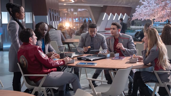 L-R: Kerrice Brooks, Romeo Carere, Karim Diané, Sandro Rosta, George Hawkins and Bella Shepard in season 1 , episode 5 of Star Trek: Starfleet Academy streaming on Paramount+. Photo Credit: Brooke Palmer/Paramount+