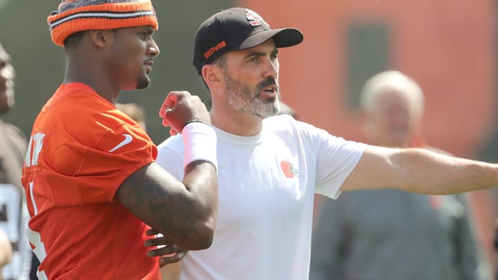 Browns quarterback Deshaun Watson talks with head coach Kevin Stefanski during a workout, Wednesday, June 8, 2022 in Berea. Browns quarterback Deshaun Watson talks with head coach Kevin Stefanski during a workout, Wednesday, June 8, 2022 in Berea.