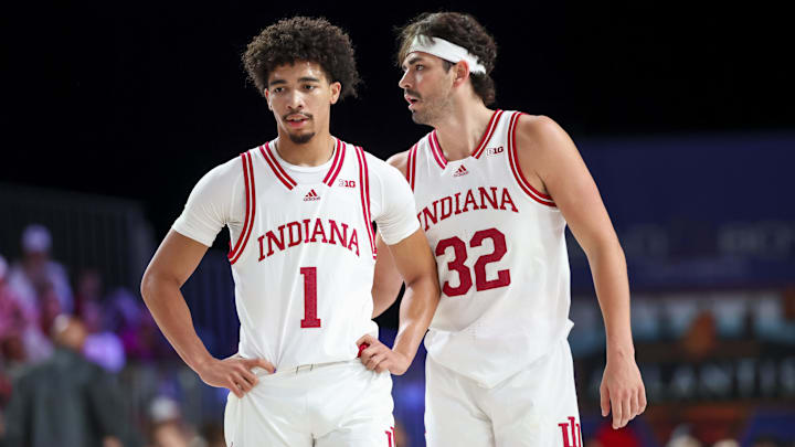 Indiana guards Myles Rice (1) and Trey Galloway (32) pictured against Providence in the Battle 4 Atlantis.