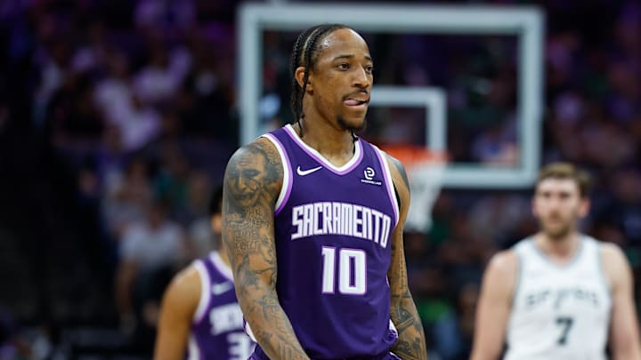 Mar 17, 2026; Sacramento, California, USA; Sacramento Kings guard DeMar DeRozan (10) walks back to the court during the first quarter against the San Antonio Spurs at Golden 1 Center.