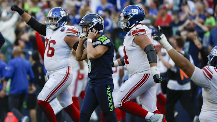 Oct 6, 2024; Seattle, Washington, USA; Seattle Seahawks placekicker Jason Myers (5) reacts after a blocked field goal was returned by the New York Giants for a touchdown  during the fourth quarter at Lumen Field.