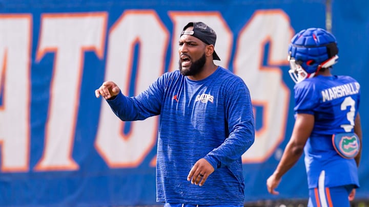 New Florida secondary coach Will Harris directs his defensive backs during the Florida Gators as they held their final open Spring football practice before the Orange and Blue Game at Sanders Practice Fields in Gainesville, FL on Tuesday, April 9, 2024. [Doug Engle/Gainesville Sun]