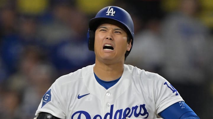 Los Angeles Dodgers two-way player Shohei Ohtani (17) reacts Los Angeles Dodgers two-way player Shohei Ohtani (17) reacts