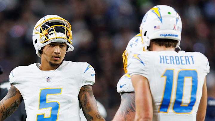 Los Angeles Chargers quarterbacks Trey Lance (L) and Justin Herbert (R) Los Angeles Chargers quarterbacks Trey Lance (L) and Justin Herbert (R)