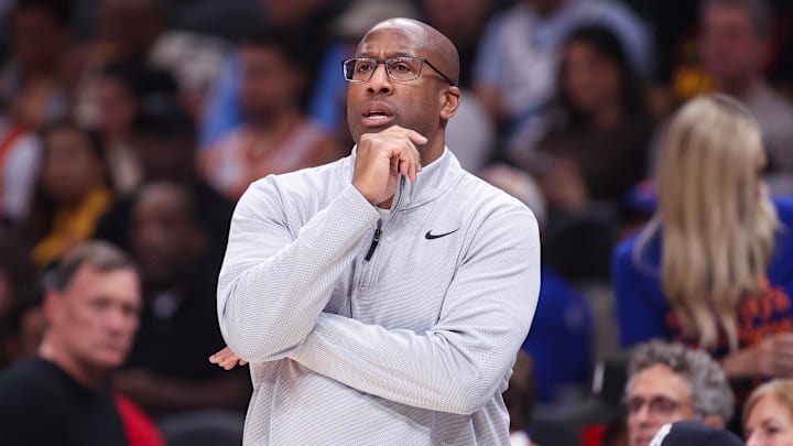 Dec 27, 2025; Atlanta, Georgia, USA; New York Knicks head coach Mike Brown on the sideline against the Atlanta Hawks in the first quarter at State Farm Arena. Mandatory Credit: Brett Davis-Imagn Images
