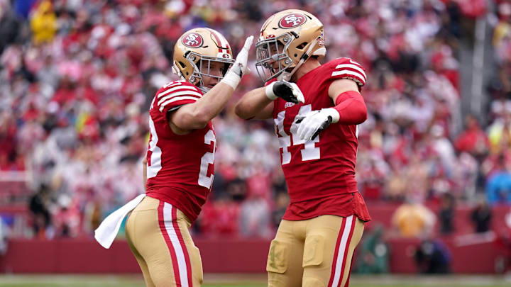 San Francisco 49ers running back Christian McCaffrey celebrates his touchdown with fullback Kyle Juszczyk.