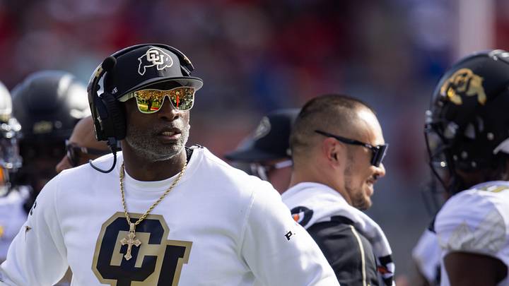 Oct 19, 2024; Tucson, Arizona, USA; Colorado Buffalos head coach Deion Sanders against the Arizona Wildcats at Arizona Stadium. Mandatory Credit: Mark J. Rebilas-Imagn Images