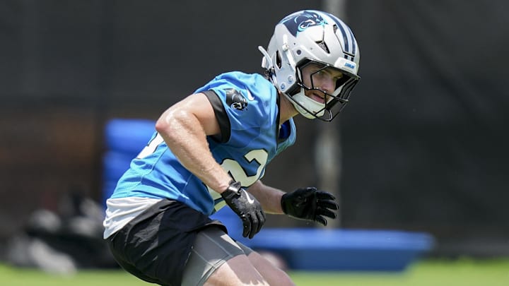 Jun 11, 2025; Charlotte, NC, USA; Carolina Panthers safety Jack Henderson (20) back peddles during minicamp at Bank of America Stadium. Mandatory Credit: Jim Dedmon-Imagn Images