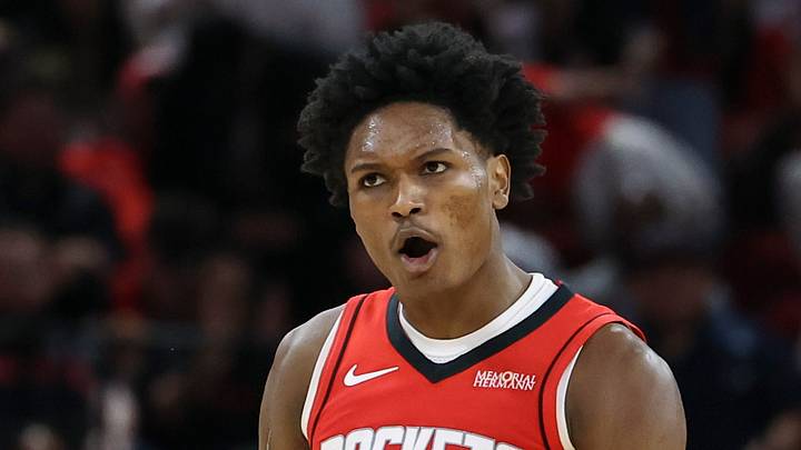 Nov 16, 2025; Houston, Texas, USA; Houston Rockets guard Amen Thompson (1) reacts after a play during the third quarter against the Orlando Magic at Toyota Center. Mandatory Credit: Troy Taormina-Imagn Images