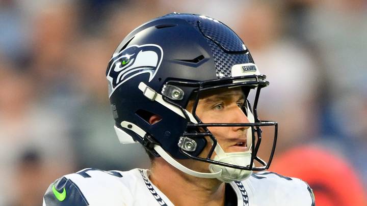 Seattle Seahawks quarterback Drew Lock stands in the pocket 