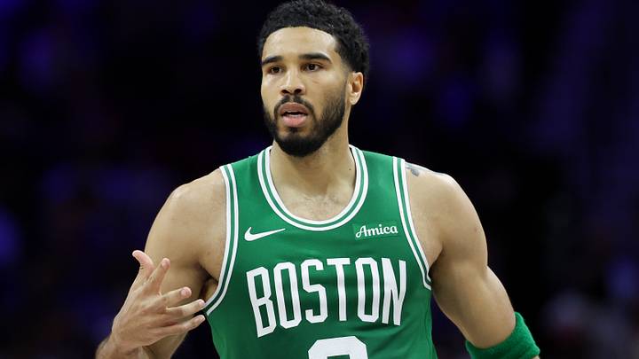 Apr 30, 2026; Philadelphia, Pennsylvania, USA; Boston Celtics forward Jayson Tatum (0) reacts to his score against the Philadelphia 76ers during the second quarter at Xfinity Mobile Arena. Mandatory Credit: Bill Streicher-Imagn Images