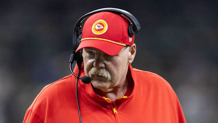 Feb 9, 2025; New Orleans, LA, USA;  Kansas City Chiefs head coach Andy Reid against the Philadelphia Eagles in Super Bowl LIX at Ceasars Superdome. Mandatory Credit: Mark J. Rebilas-Imagn Images