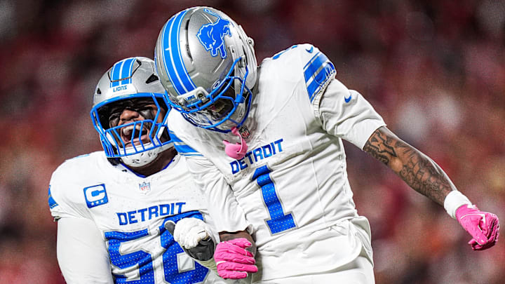 Detroit Lions wide receiver Jameson Williams (1) celebrates a touchdown against Kansas City Chiefs Detroit Lions wide receiver Jameson Williams (1) celebrates a touchdown against Kansas City Chiefs