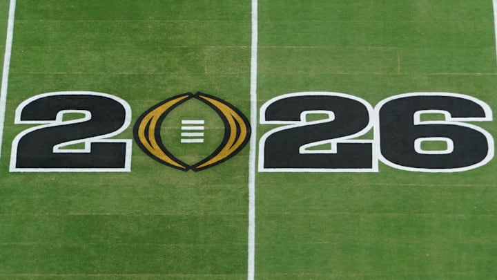 Jan 19, 2026; Miami Gardens, FL, USA; A general view of a 2026 logo before the CFP National Championship college football game between the Indiana Hoosiers and the Miami Hurricanes at Hard Rock Stadium. Mandatory Credit: James Lang-Imagn Images