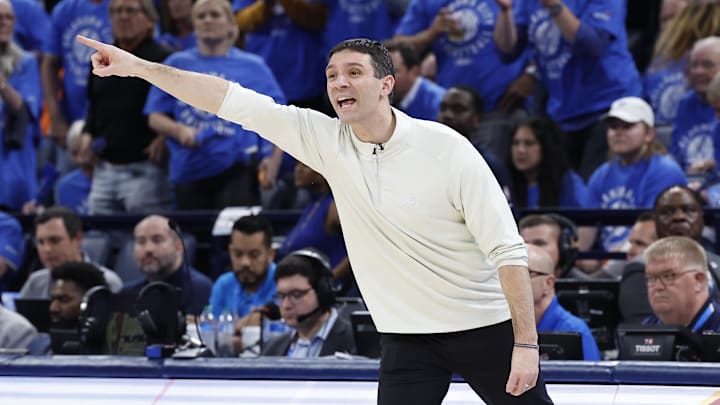 May 9, 2024; Oklahoma City, Oklahoma, USA; Oklahoma City Thunder head coach Mark Daigneault gestures to his team during a play against the Dallas Mavericks during the second half of game two of the second round for the 2024 NBA playoffs at Paycom Center. Mandatory Credit: Alonzo Adams-Imagn Images May 9, 2024; Oklahoma City, Oklahoma, USA; Oklahoma City Thunder head coach Mark Daigneault gestures to his team during a play against the Dallas Mavericks during the second half of game two of the second round for the 2024 NBA playoffs at Paycom Center. Mandatory Credit: Alonzo Adams-Imagn Images