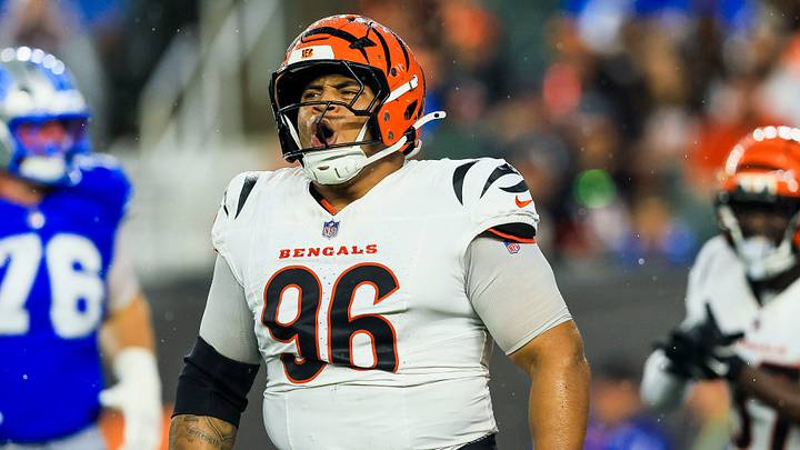 Aug 13, 2026; Cincinnati, Ohio, USA; Cincinnati Bengals defensive tackle Landon Robinson (96) reacts after a play in the first half against the Detroit Lions at Paycor Stadium. Mandatory Credit: Katie Stratman-Imagn Images