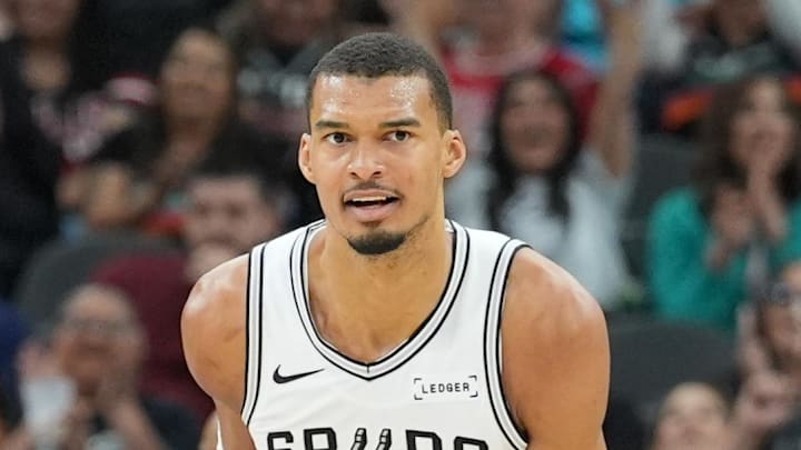Mar 30, 2026; San Antonio, Texas, USA;  San Antonio Spurs forward Victor Wembanyama (1) runs up the court in the first half against the Chicago Bulls at Frost Bank Center. Mandatory Credit: Daniel Dunn-Imagn Images