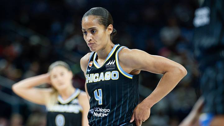 May 27, 2026; Chicago, Illinois, USA; Chicago Sky guard Skylar Diggins (4) reacts during the first half at Wintrust Arena. Mandatory Credit: Kamil Krzaczynski-Imagn Images