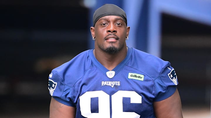 Jul 24, 2024; Foxborough, MA, USA; New England Patriots defensive tackle Sam Roberts (96) walks to the practice field during training camp at Gillette Stadium. Mandatory Credit: Eric Canha-Imagn Images