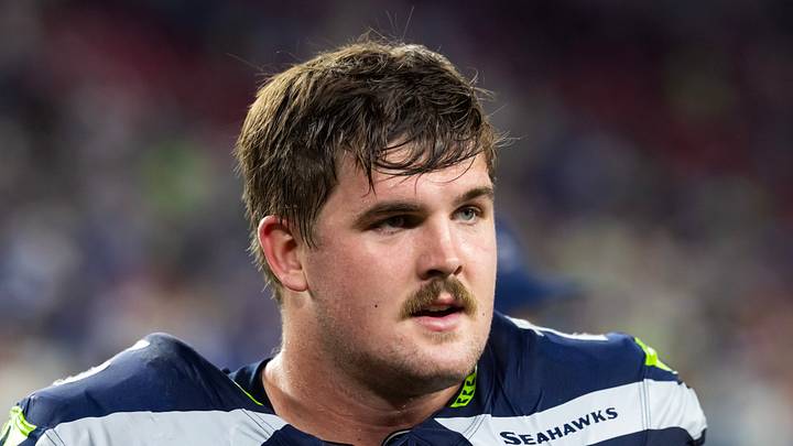 Seattle Seahawks guard Grey Zabel looks on