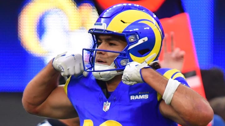 Dec 14, 2025; Inglewood, California, USA; Los Angeles Rams wide receiver Puka Nacua (12) celebrates after a catch during the first quarter against the Detroit Lions at SoFi Stadium. Mandatory Credit: Gary A. Vasquez-Imagn Images Dec 14, 2025; Inglewood, California, USA; Los Angeles Rams wide receiver Puka Nacua (12) celebrates after a catch during the first quarter against the Detroit Lions at SoFi Stadium. Mandatory Credit: Gary A. Vasquez-Imagn Images