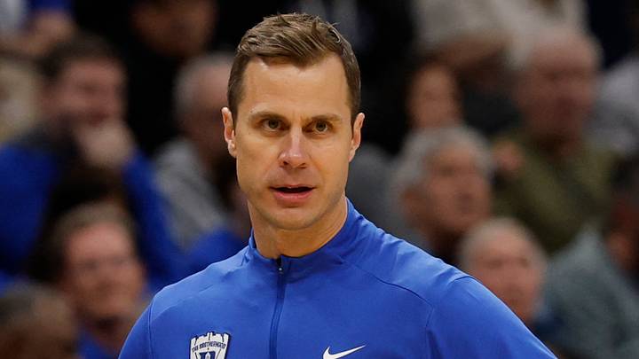Mar 29, 2026; Washington, DC, USA; Duke Blue Devils head coach Jon Scheyer looks on against the UConn Huskies in the first half during an Elite Eight game of the East Regional of the men's 2026 NCAA Tournament at Capital One Arena. Mandatory Credit: Geoff Burke-Imagn Images Mar 29, 2026; Washington, DC, USA; Duke Blue Devils head coach Jon Scheyer looks on against the UConn Huskies in the first half during an Elite Eight game of the East Regional of the men's 2026 NCAA Tournament at Capital One Arena. Mandatory Credit: Geoff Burke-Imagn Images