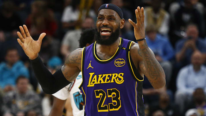 Mar 29, 2025; Memphis, Tennessee, USA; Los Angeles Lakers forward LeBron James (23) reacts during the third quarter against the Memphis Grizzlies at FedExForum. Mandatory Credit: Petre Thomas-Imagn Images Mar 29, 2025; Memphis, Tennessee, USA; Los Angeles Lakers forward LeBron James (23) reacts during the third quarter against the Memphis Grizzlies at FedExForum. Mandatory Credit: Petre Thomas-Imagn Images