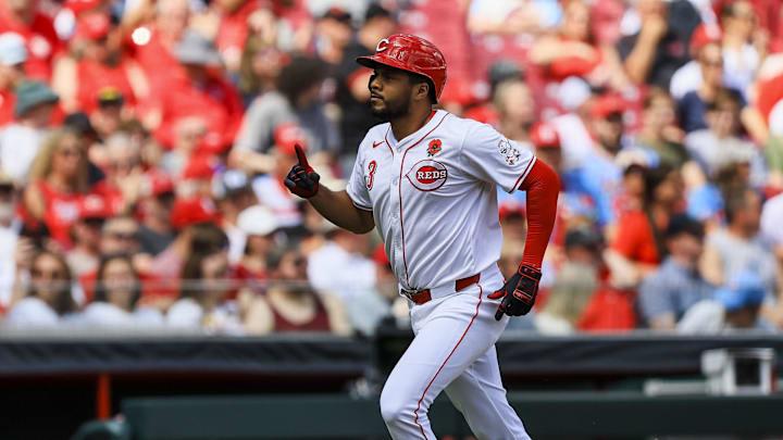 May 27, 2024; Cincinnati, Ohio, USA; Cincinnati Reds third baseman Jeimer Candelario (3) reacts after hitting a solo home run in the first inning against the St. Louis Cardinals at Great American Ball Park. Mandatory Credit: Katie Stratman-USA TODAY Sports