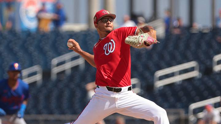 Mar 5, 2026; West Palm Beach, Florida, USA; Washington Nationals pitcher Luis Perales (43) delivers a pitch against the New York Mets during the fourth inning at CACTI Park of the Palm Beaches. Mandatory Credit: Sam Navarro-Imagn Images