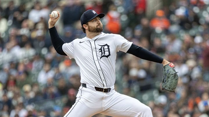 Apr 26, 2025; Detroit, Michigan, USA; Detroit Tigers pitcher Casey Mize (12) delivers in the first inning against the Baltimore Orioles during game one of a double header at Comerica Park. 